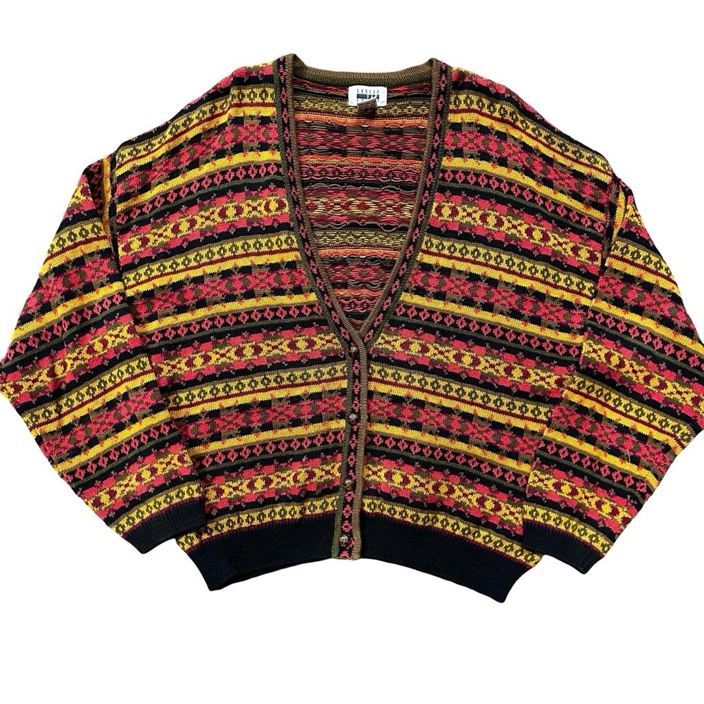 Vintage Knit Cardigan Sweater Bold Tribal Fair Isle Pattern Cozy Retro Large